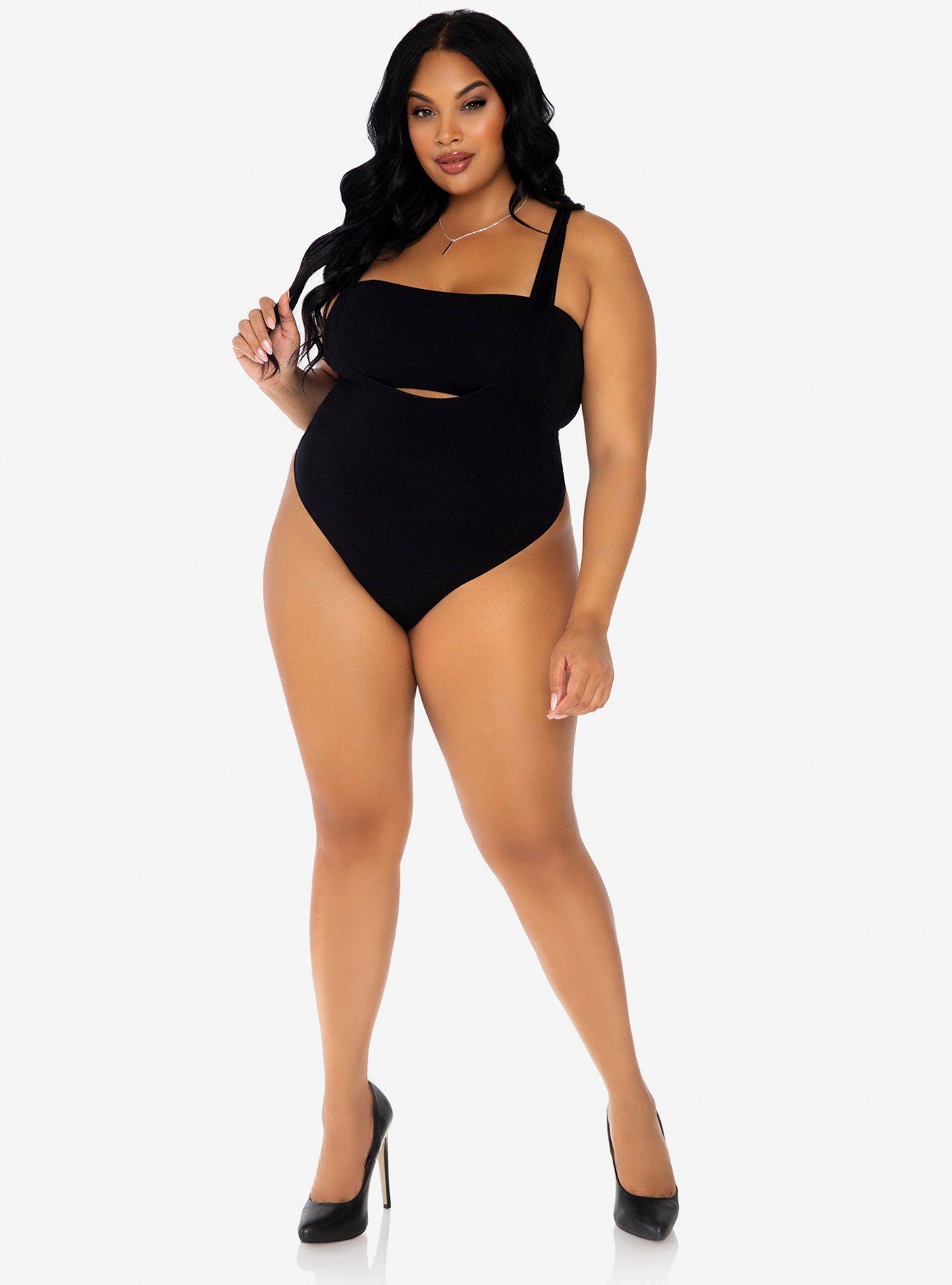 2 Piece Opaque Bandeau And Suspender Bodysuit Black Plus Size, , hi-res