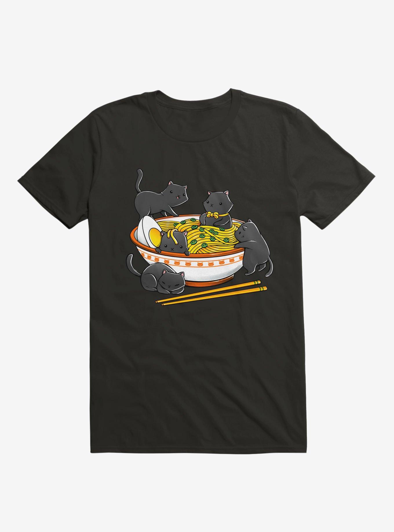 Kawaii Cat Ramen Noodles T-Shirt, BLACK, hi-res