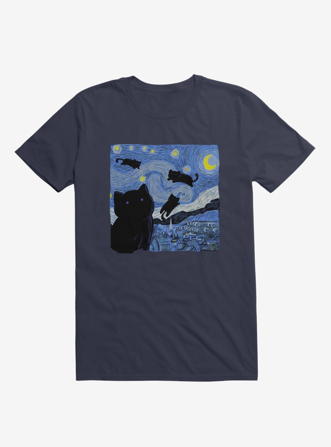 The Starry Cat Night Navy Blue T-Shirt, NAVY, hi-res