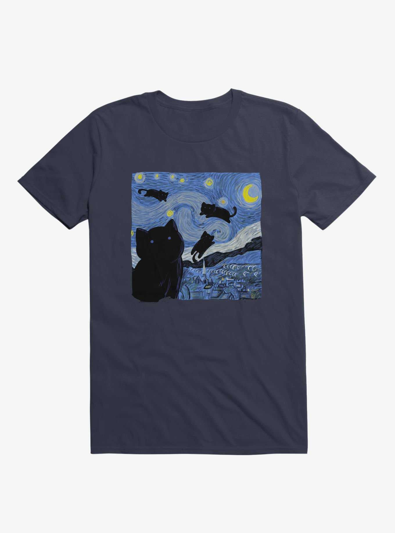 The Starry Cat Night Navy Blue T-Shirt, , hi-res