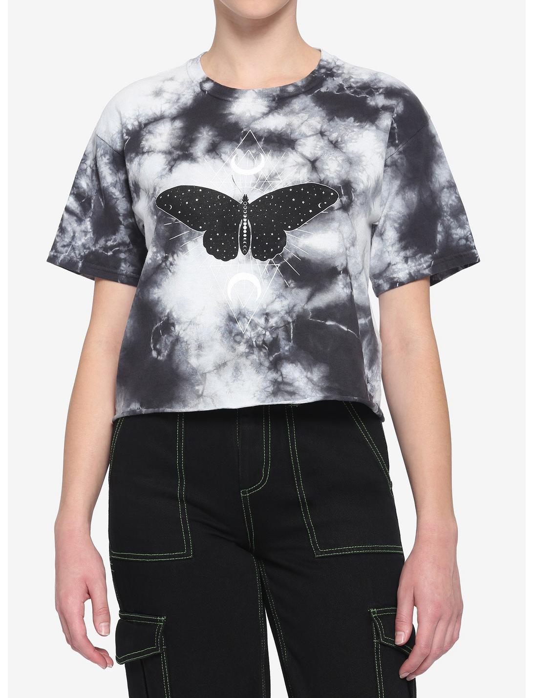 Black & White Celestial Butterfly Tie-Dye Girls Crop T-Shirt, MULTI, hi-res