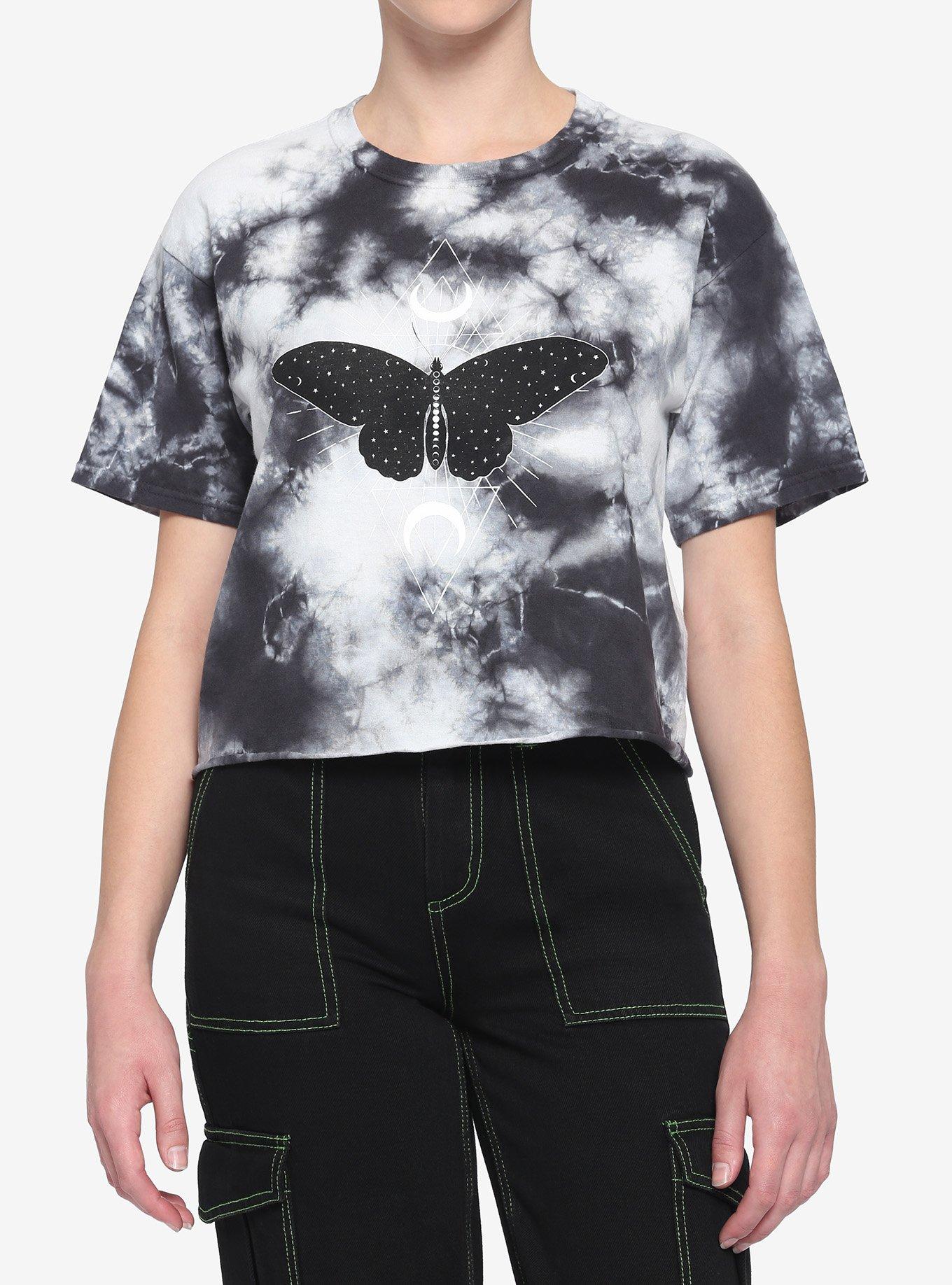 Black & White Celestial Butterfly Tie-Dye Girls Crop T-Shirt, MULTI, hi-res