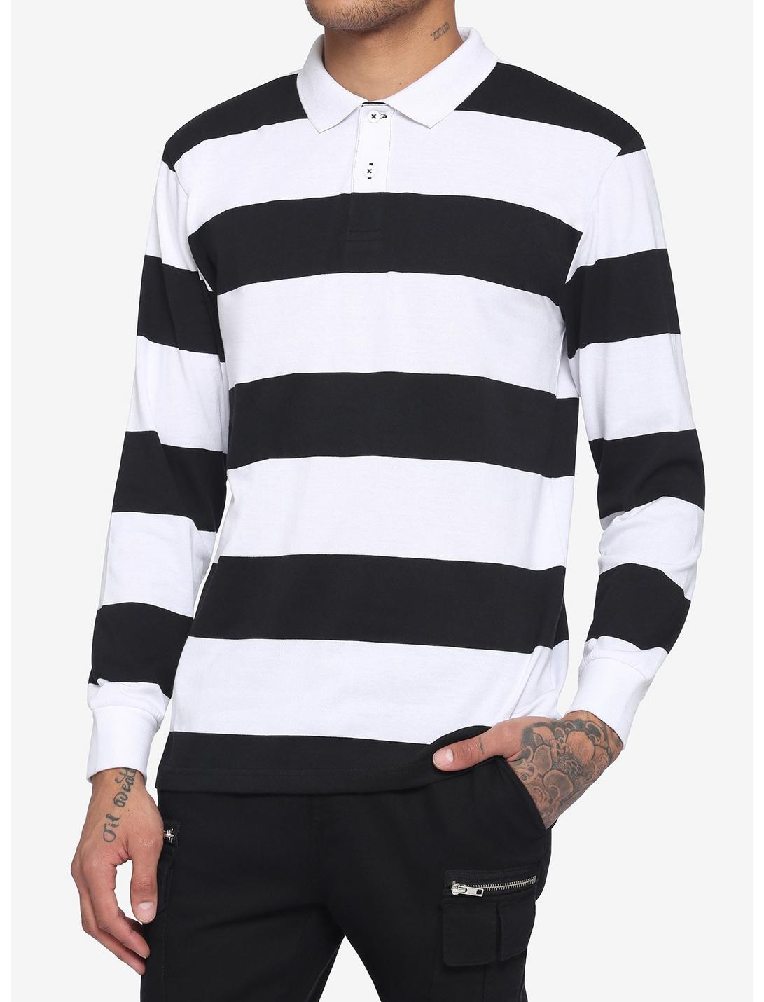 Black & White Wide Stripe Long-Sleeve Polo Shirt, STRIPE - WHITE, hi-res