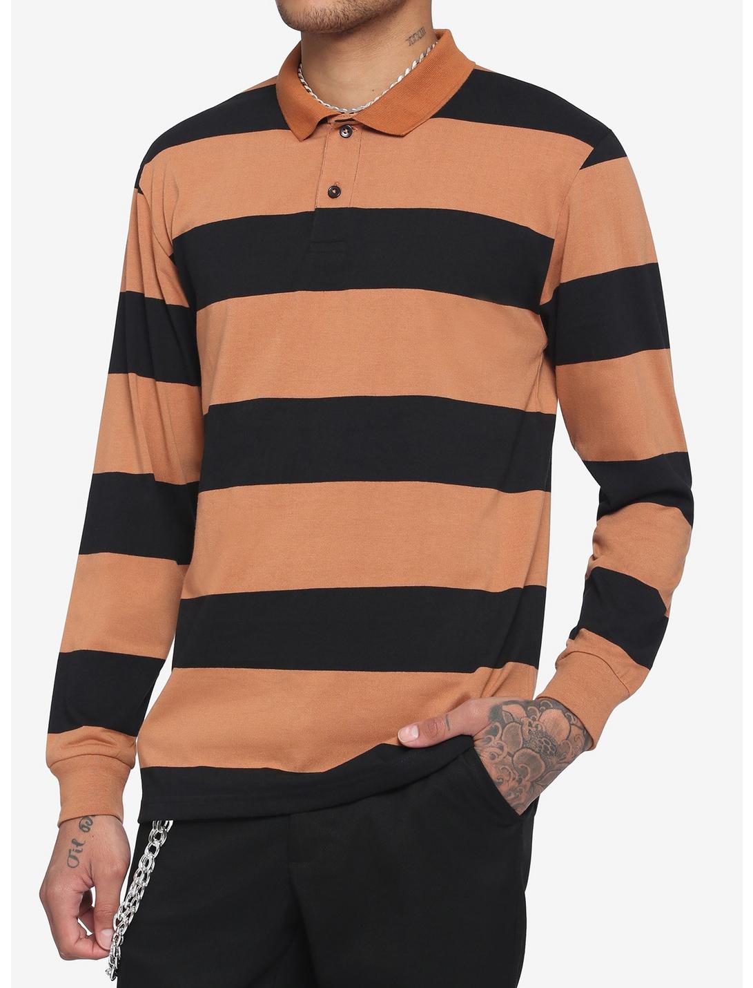 Black & Brown Wide Stripe Long-Sleeve Polo Shirt, STRIPE - TAN, hi-res