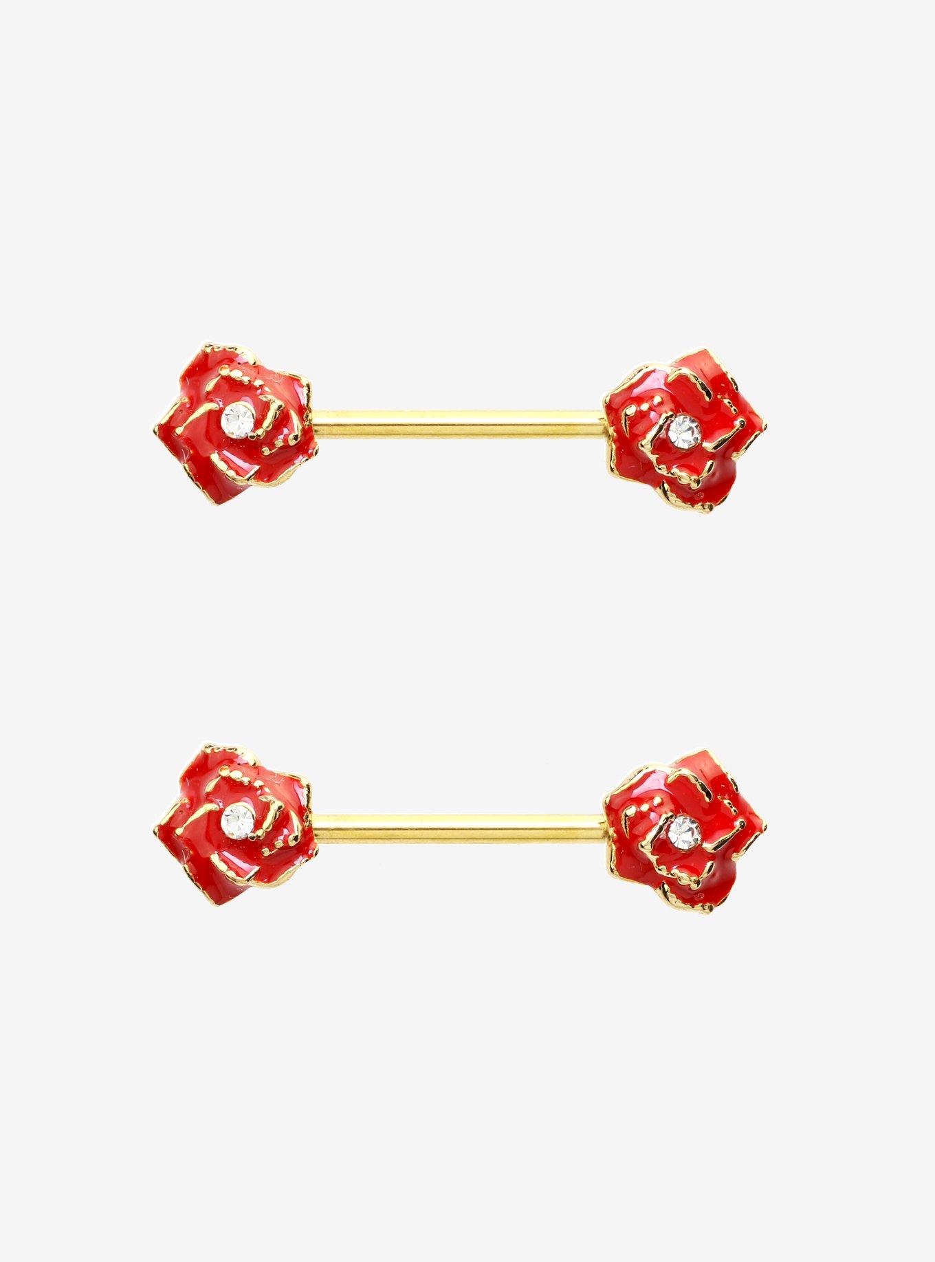 14G Gold Red Rose Nipple Barbell 2 Pack, , hi-res