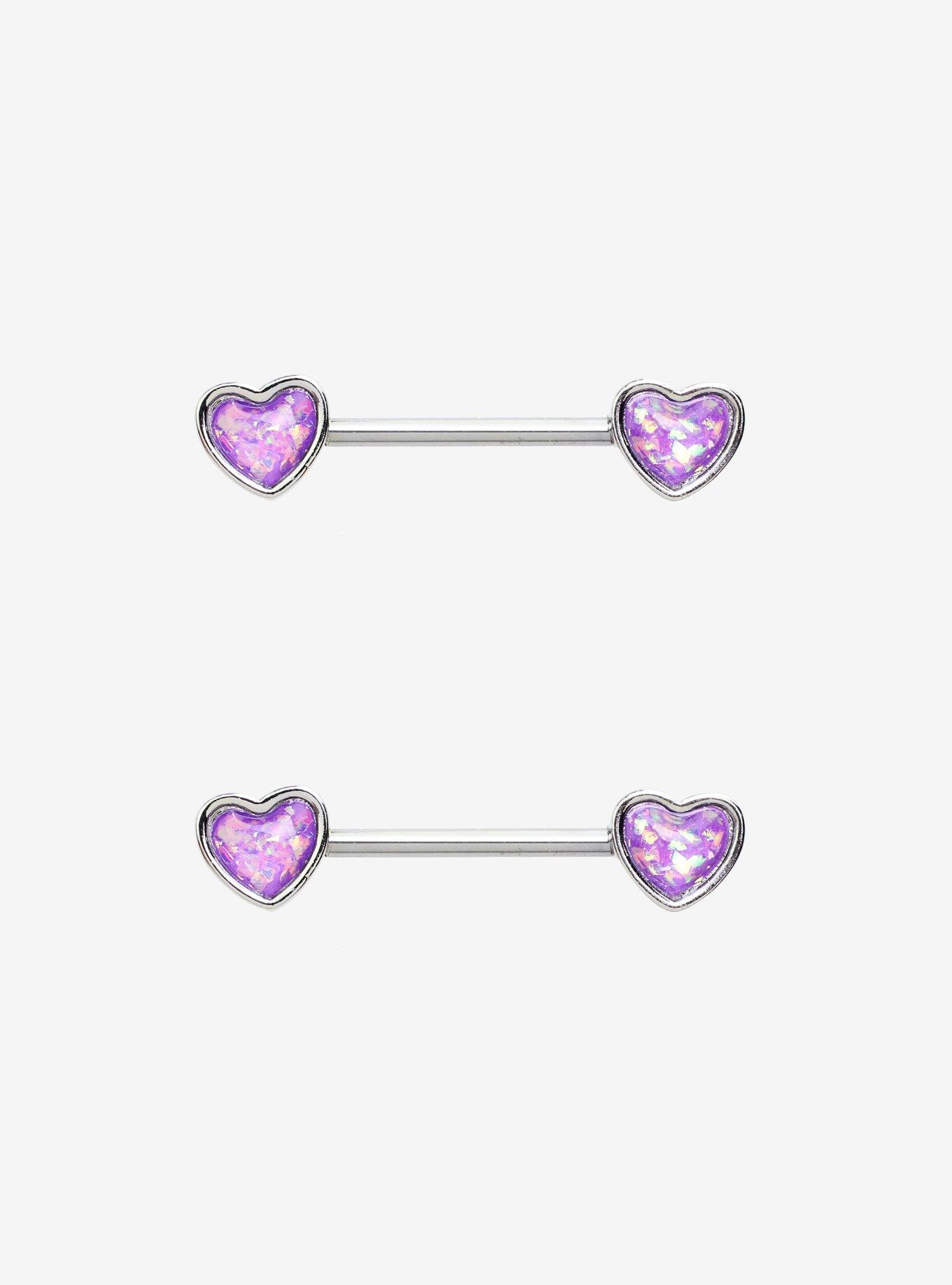 14G Purple Opal Heart Nipple Barbell 2 Pack, , hi-res