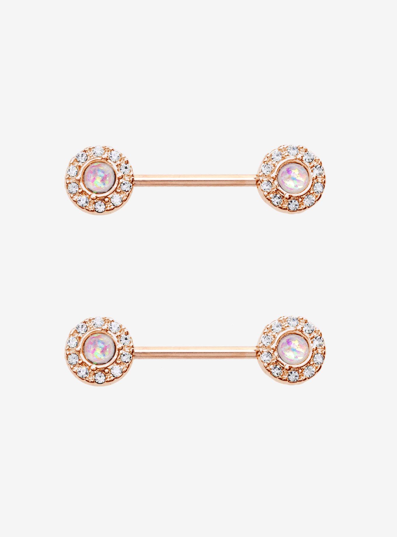 14G Rose Gold Opal Cz Nipple Barbell 2 Pack, , hi-res
