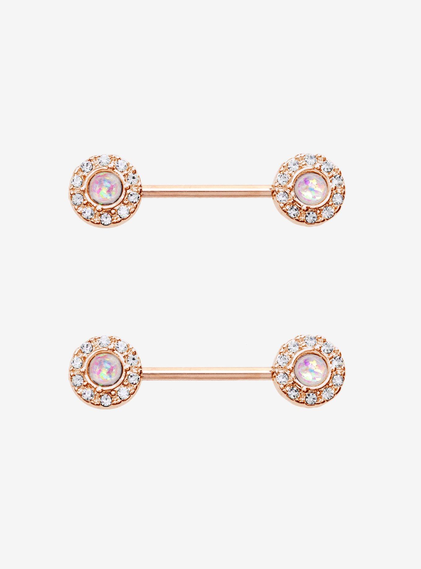 14G Rose Gold Opal Cz Nipple Barbell 2 Pack, , hi-res