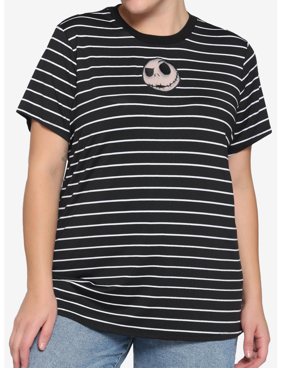 The Nightmare Before Christmas Black & White Stripe Jack Face Mesh Panel T-Shirt Plus Size, MULTI, hi-res