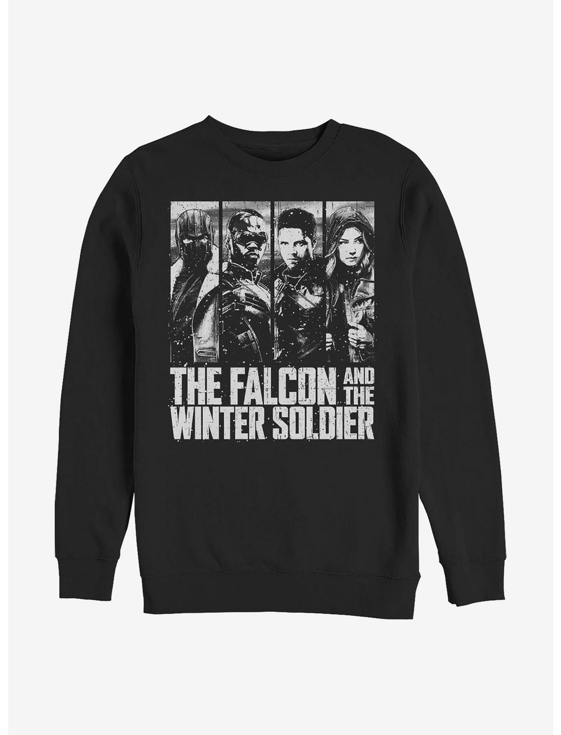 Marvel The Falcon And The Winter Soldier Character Panel Crew Sweatshirt, BLACK, hi-res