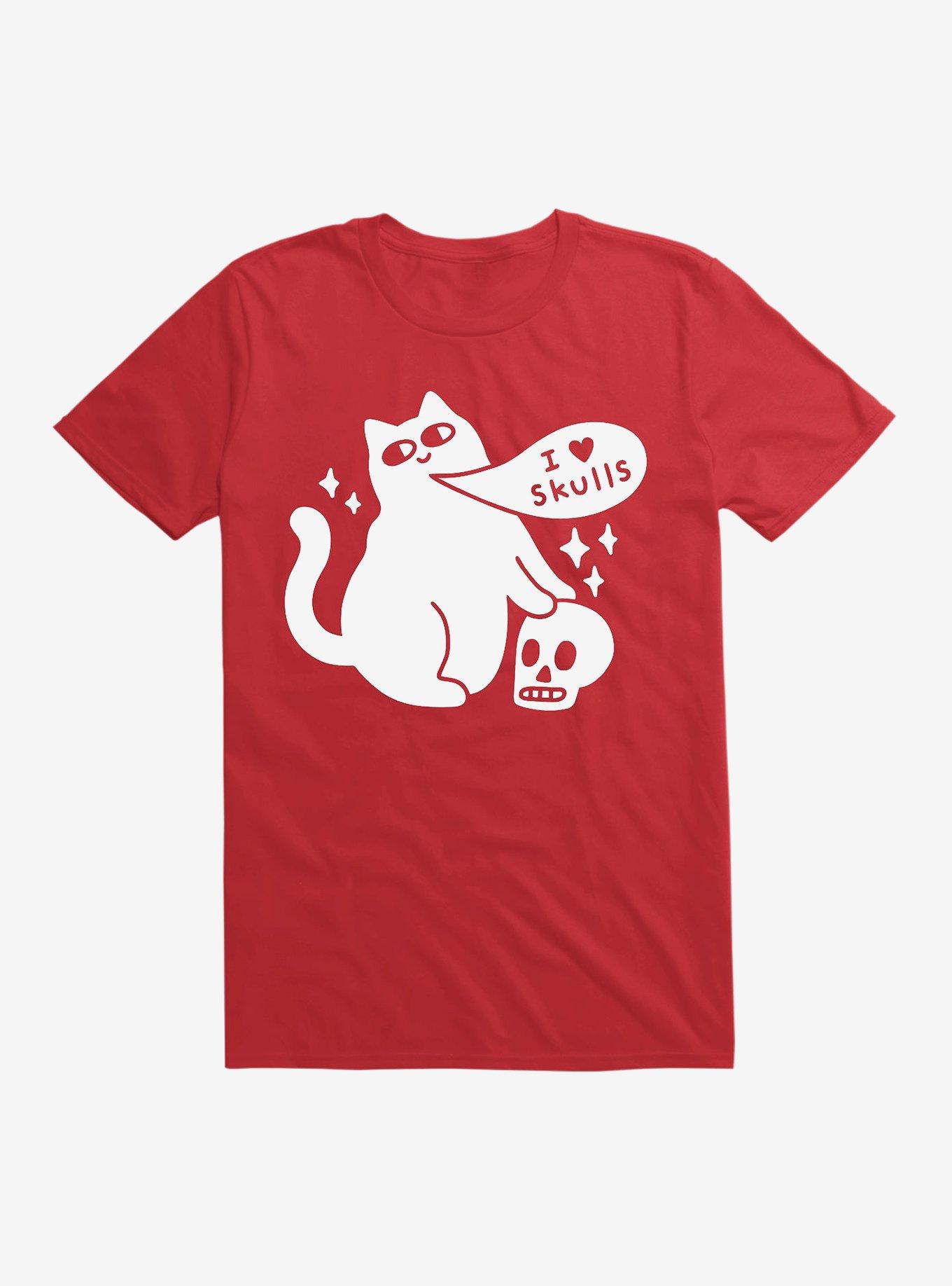 I Love Skulls Cat T-Shirt, RED, hi-res