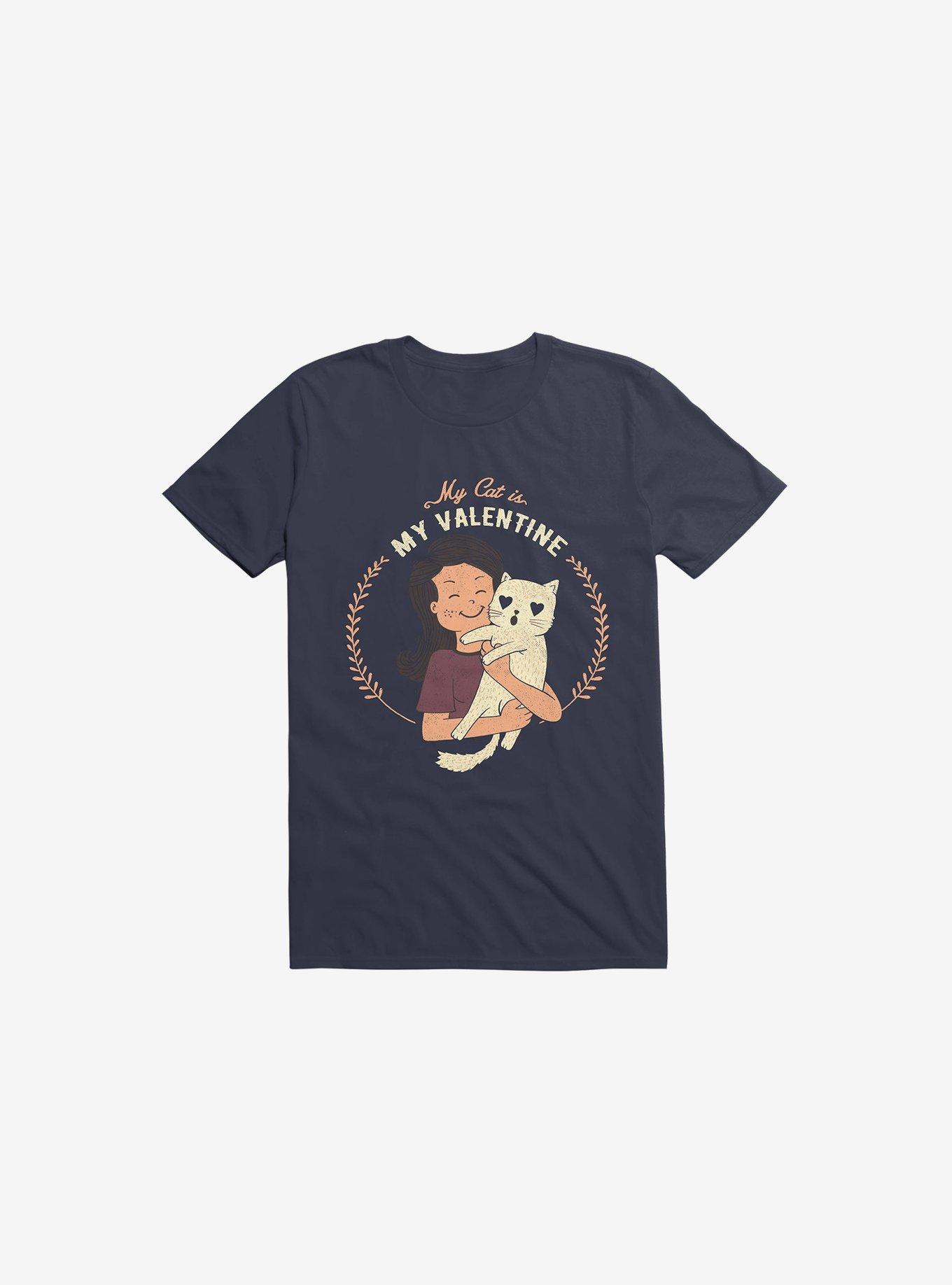 My Cat Is My Valentine Navy Blue T-Shirt, , hi-res