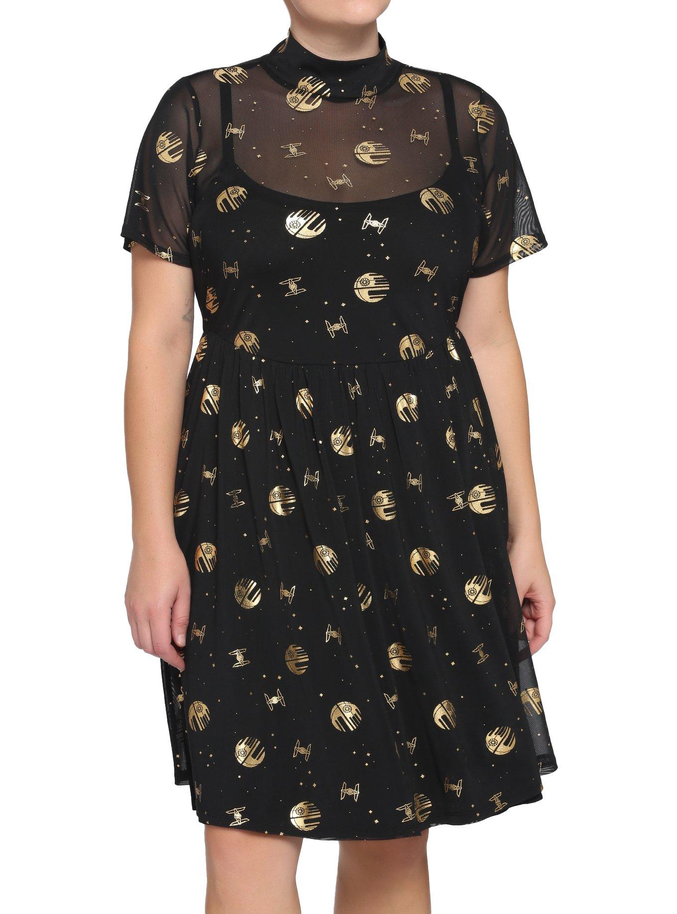 Lucasfilm 50th Anniversary Star Wars Gold & Black Death Star Mock Neck Dress Plus Size, MULTI, hi-res