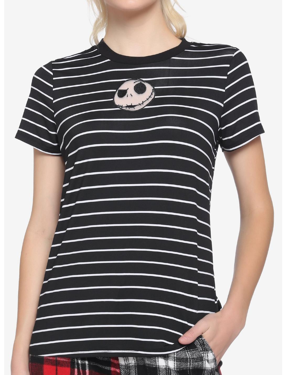 The Nightmare Before Christmas Black & White Stripe Jack Face Mesh Panel Girls T-Shirt, MULTI, hi-res
