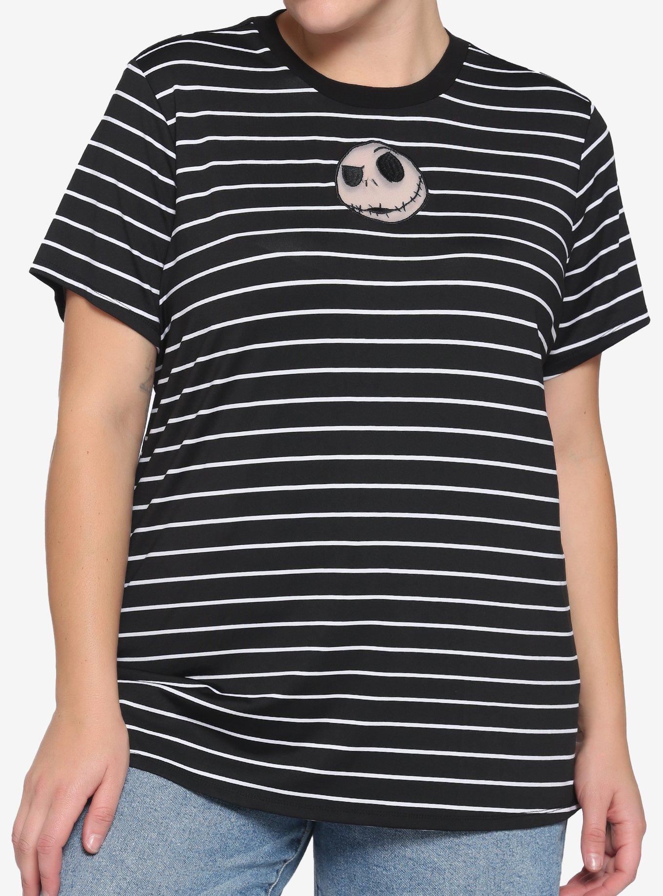 The Nightmare Before Christmas Black & White Stripe Jack Face Mesh Panel Girls T-Shirt Plus Size, MULTI, hi-res