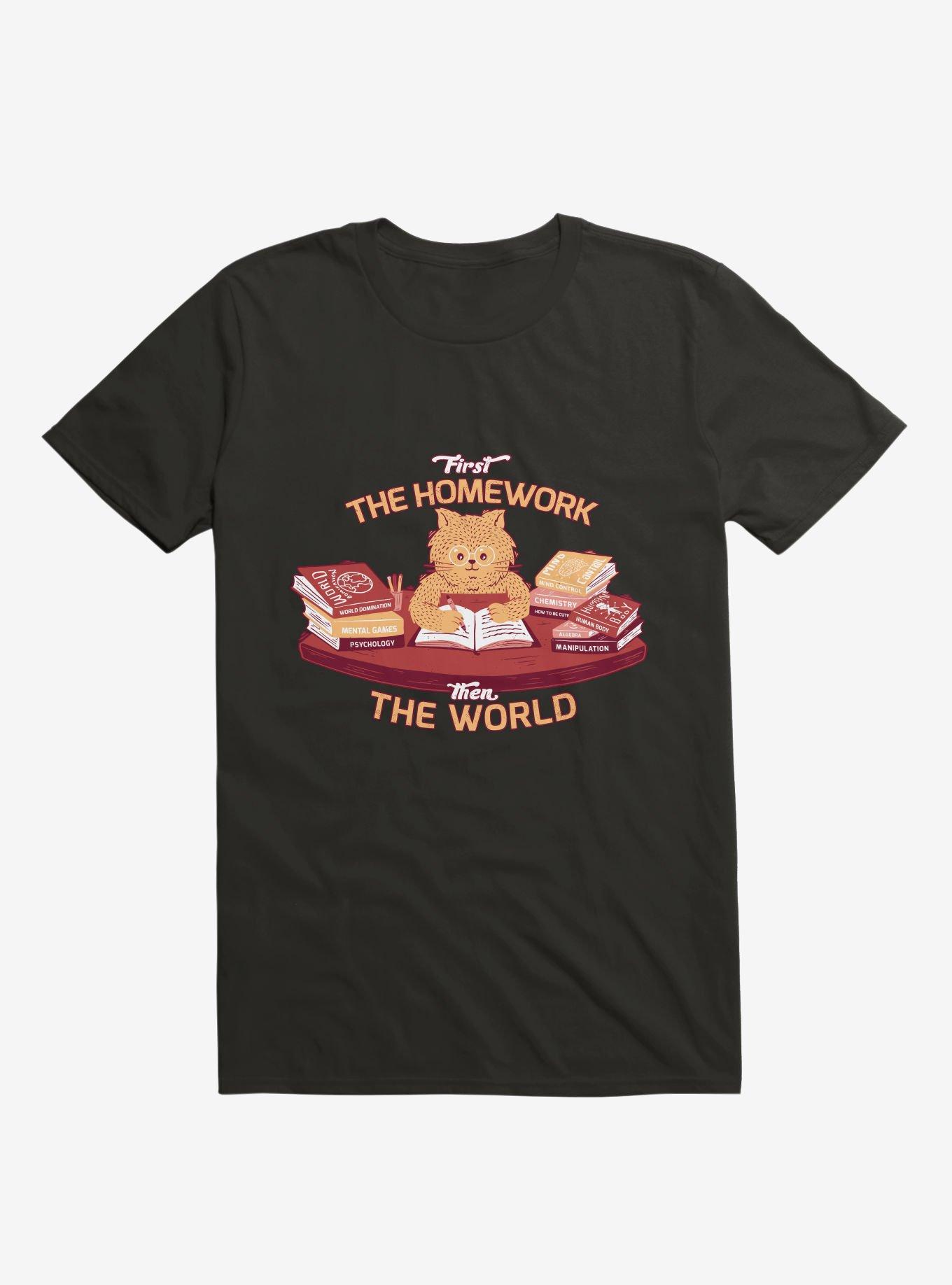 First The Homework, Then The World Cat Black T-Shirt, BLACK, hi-res