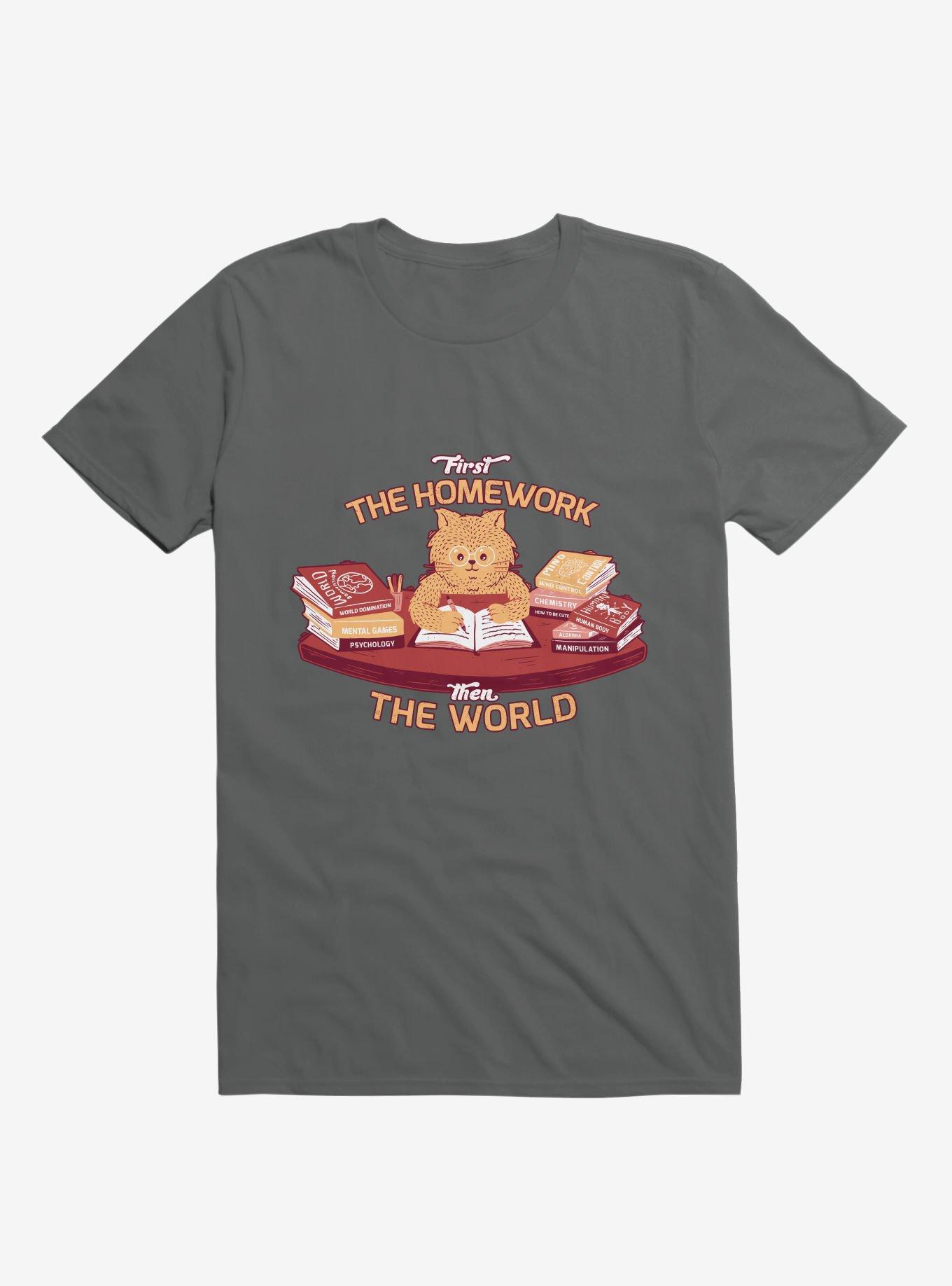 First The Homework, Then The World Cat Charcoal Grey T-Shirt, CHARCOAL, hi-res