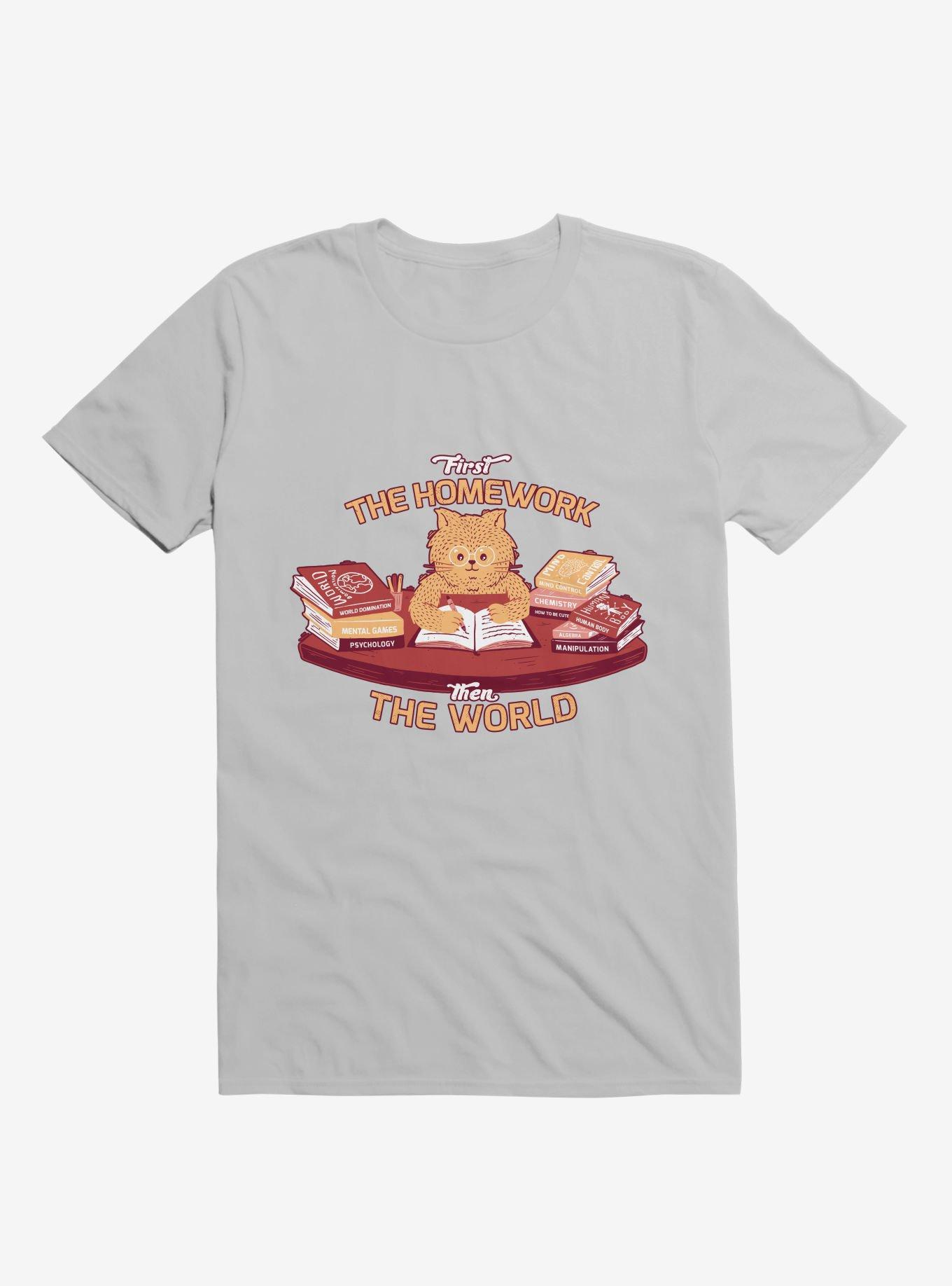 First The Homework, Then The World Cat Ice Grey T-Shirt, , hi-res