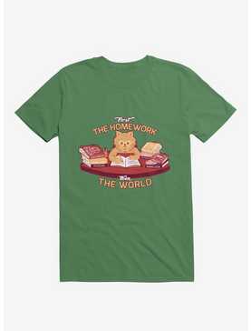 First The Homework, Then The World Cat Kelly Green T-Shirt, , hi-res