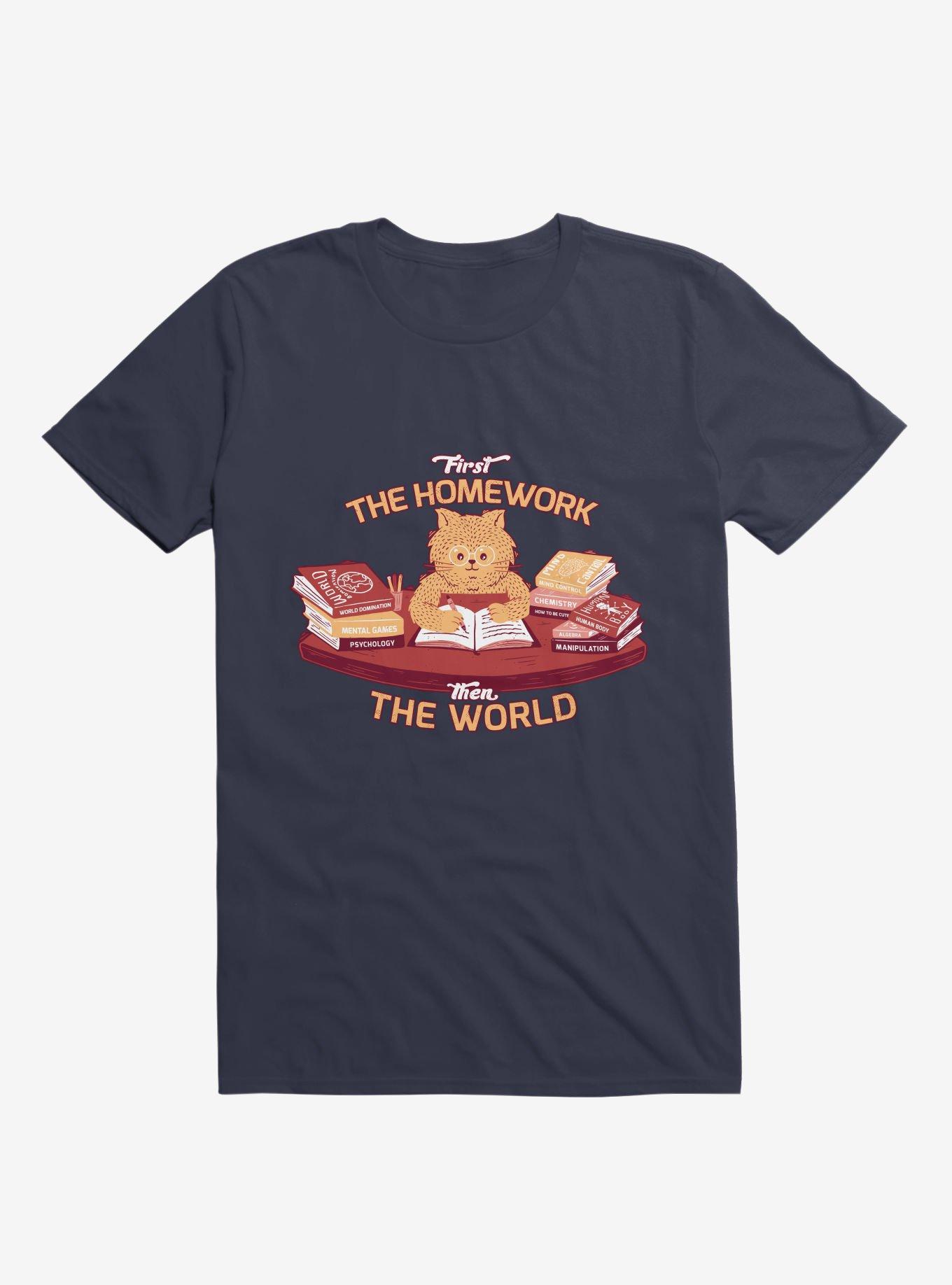 First The Homework, Then The World Cat Navy Blue T-Shirt, NAVY, hi-res
