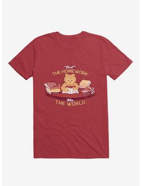 First The Homework, Then The World Cat Red T-Shirt, , hi-res