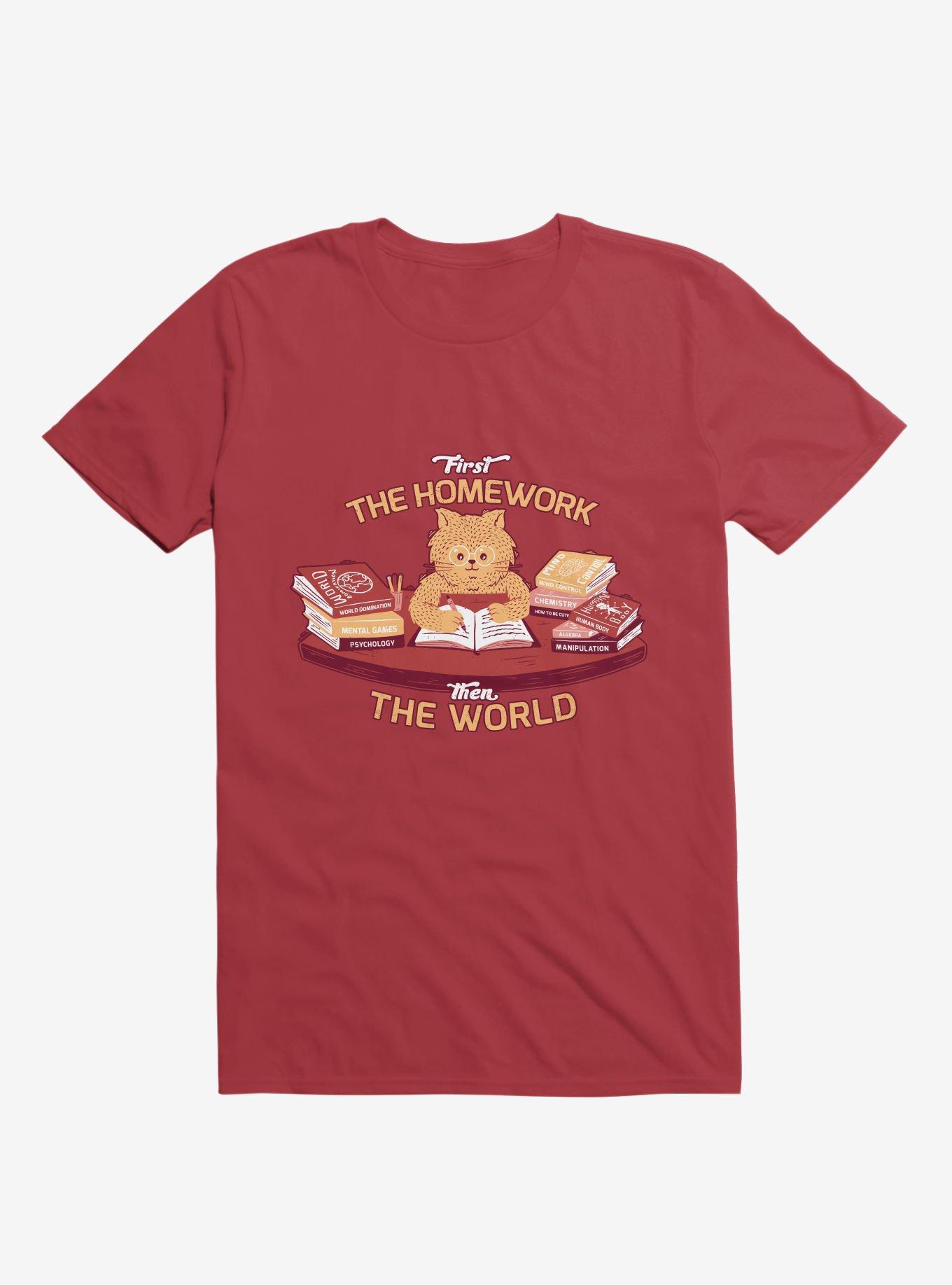 First The Homework, Then The World Cat Red T-Shirt, , hi-res