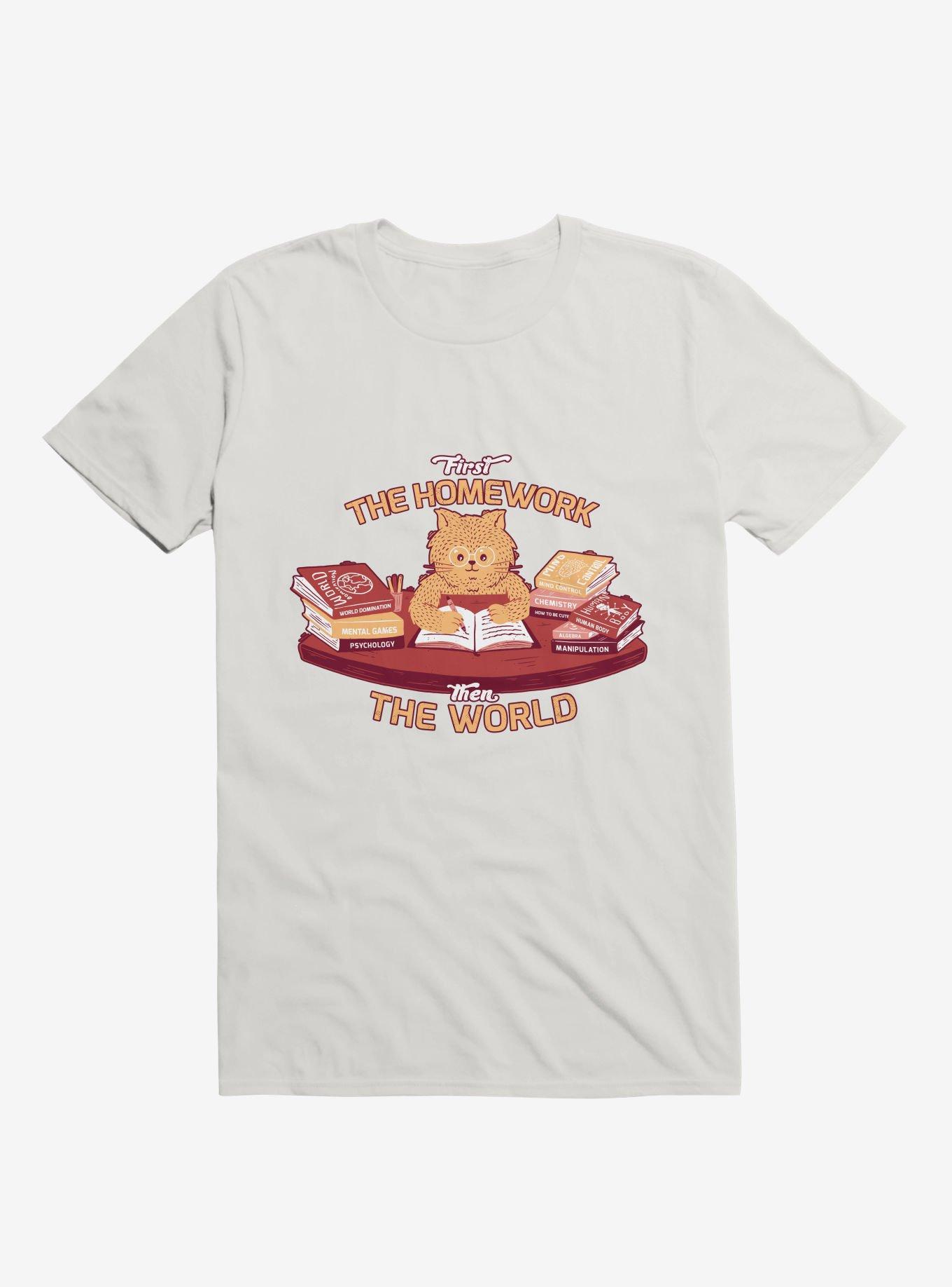 First The Homework, Then The World Cat White T-Shirt, , hi-res