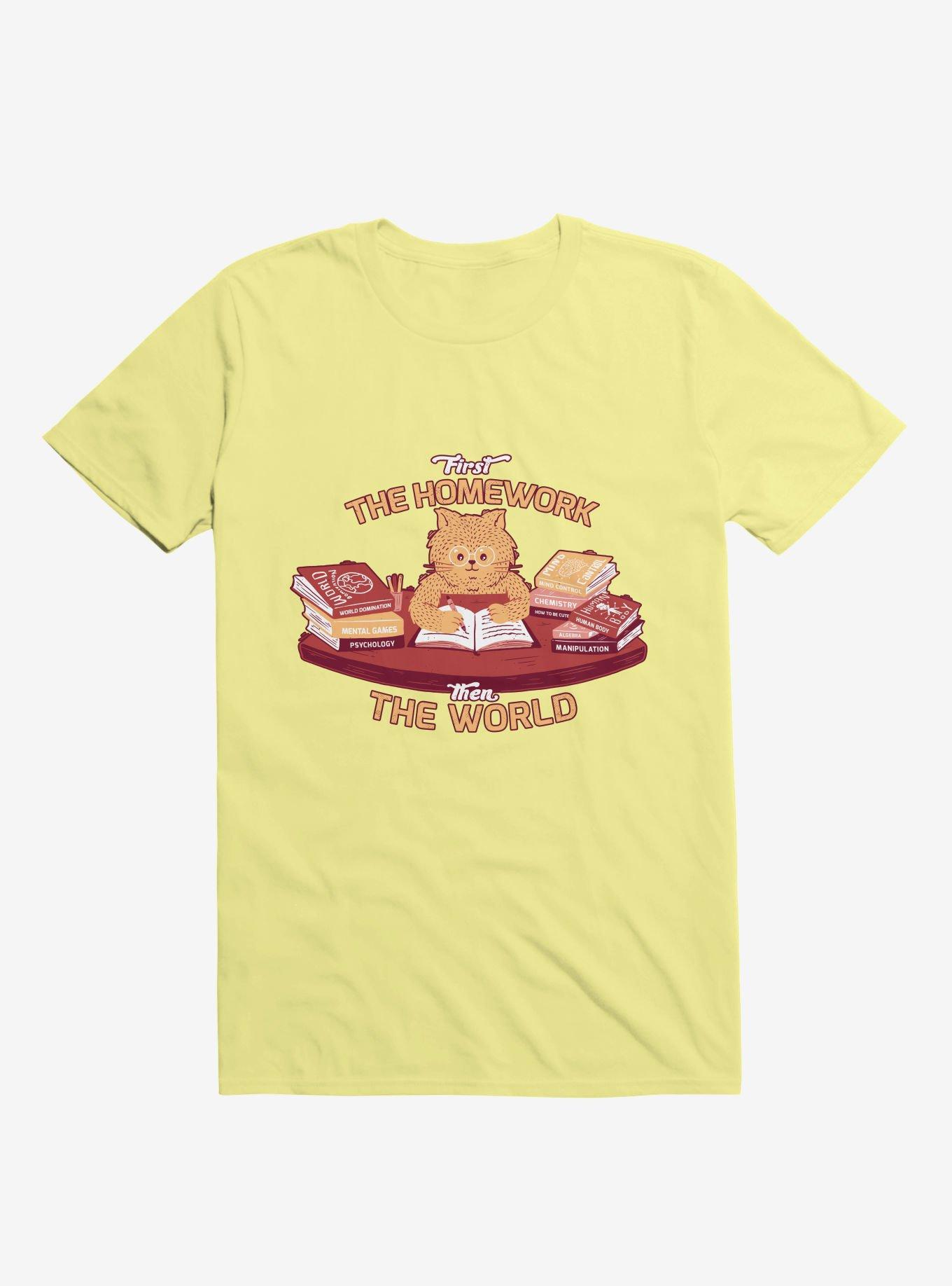 First The Homework, Then The World Cat Corn Silk Yellow T-Shirt, CORN SILK, hi-res