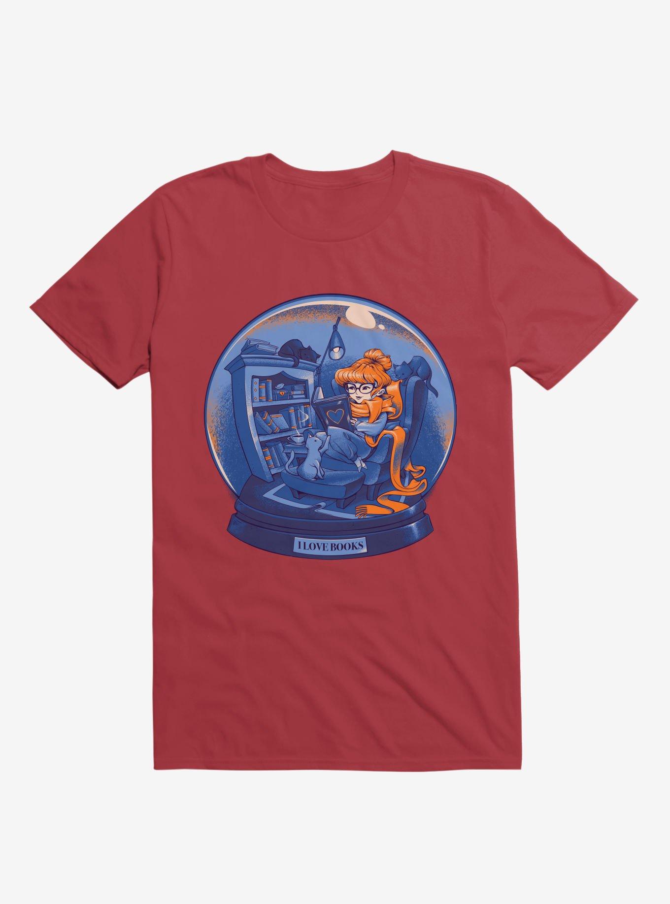 THRDLESS I Love Books And Cats Red T-Shirt