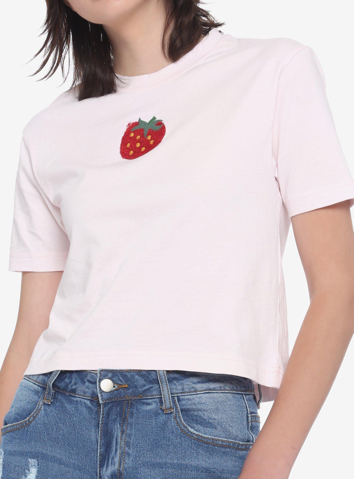 Fuzzy Strawberry Pink Girls Crop T-Shirt | Hot Topic