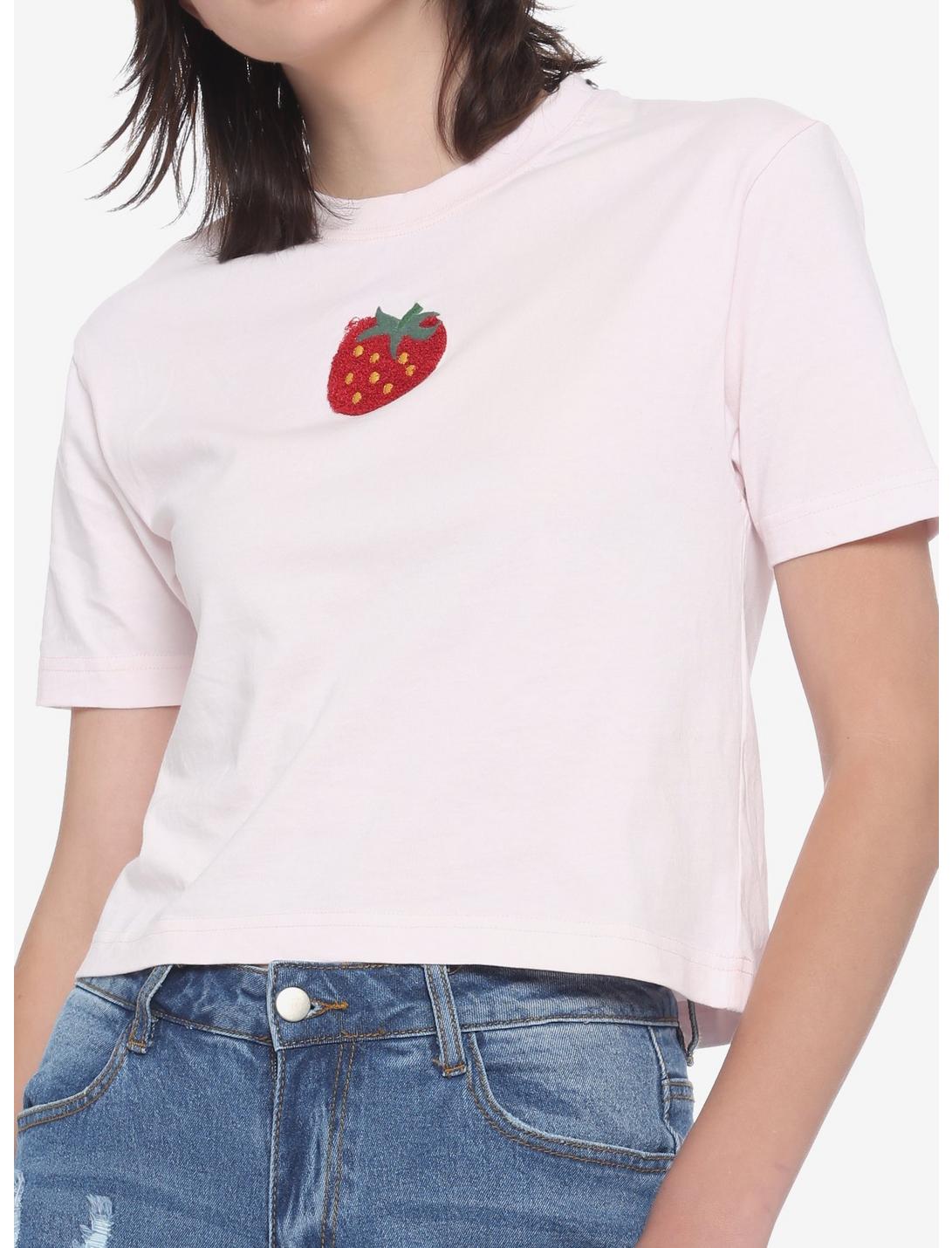 Fuzzy Strawberry Pink Girls Crop T-Shirt, PINK, hi-res