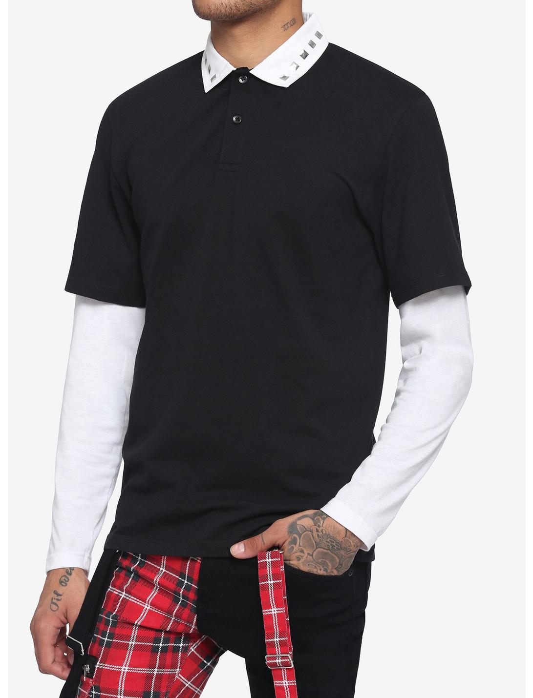 Black & White Studded Collar Twofer Long-Sleeve Shirt, BLACK  WHITE, hi-res