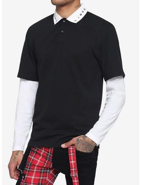 Black & White Studded Collar Twofer Long-Sleeve Shirt, , hi-res