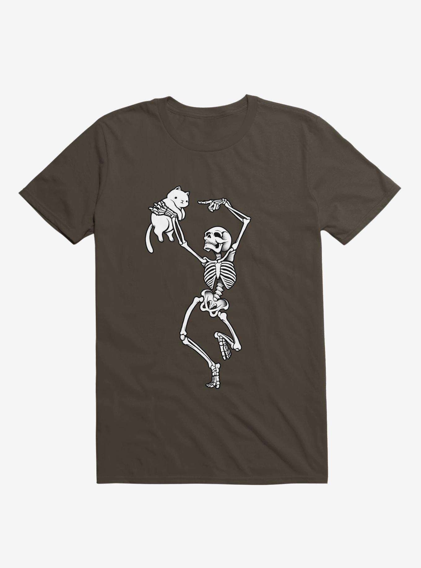 Dancing Skeleton With A Cat Brown T-Shirt, , hi-res