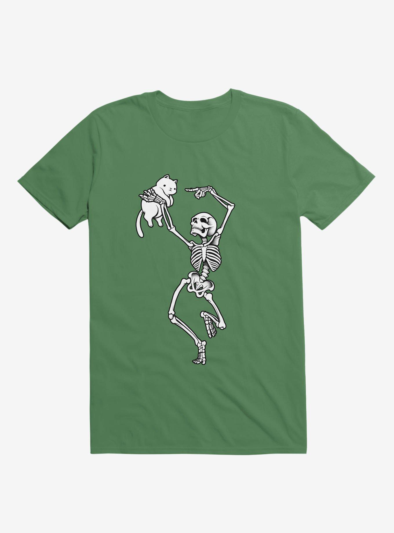 Dancing Skeleton With A Cat Kelly Green T-Shirt
