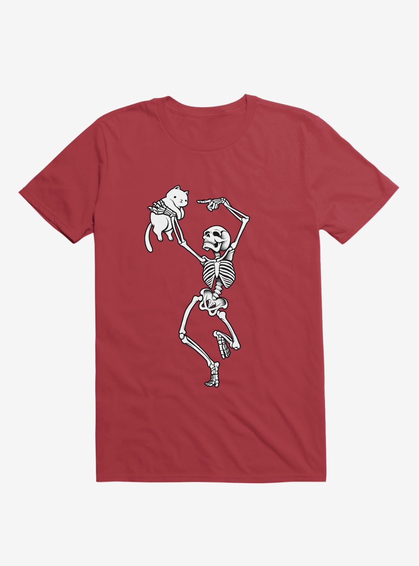 Dancing Skeleton With A Cat Red T-Shirt, , hi-res