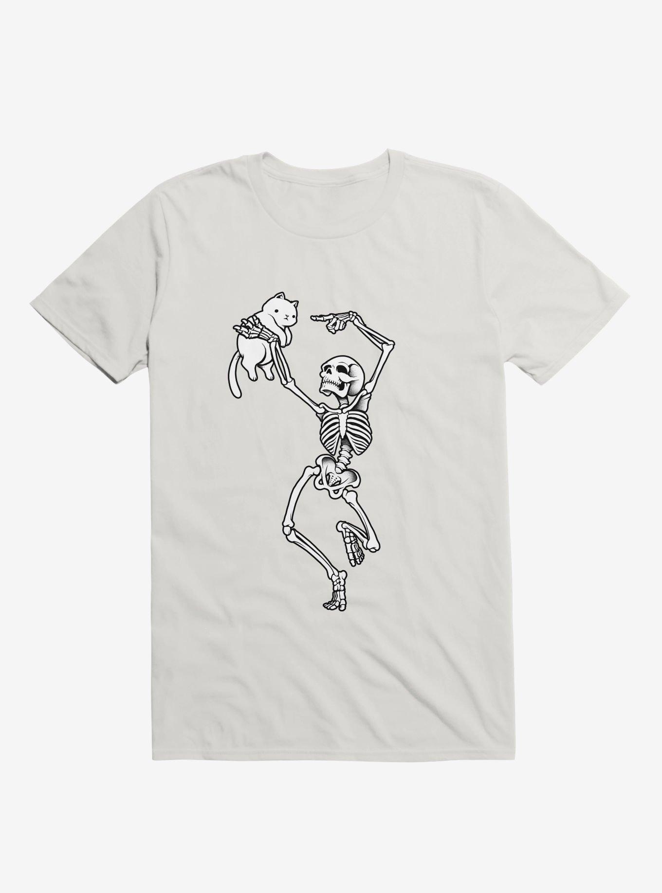 Dancing Skeleton With A Cat White T-Shirt, , hi-res