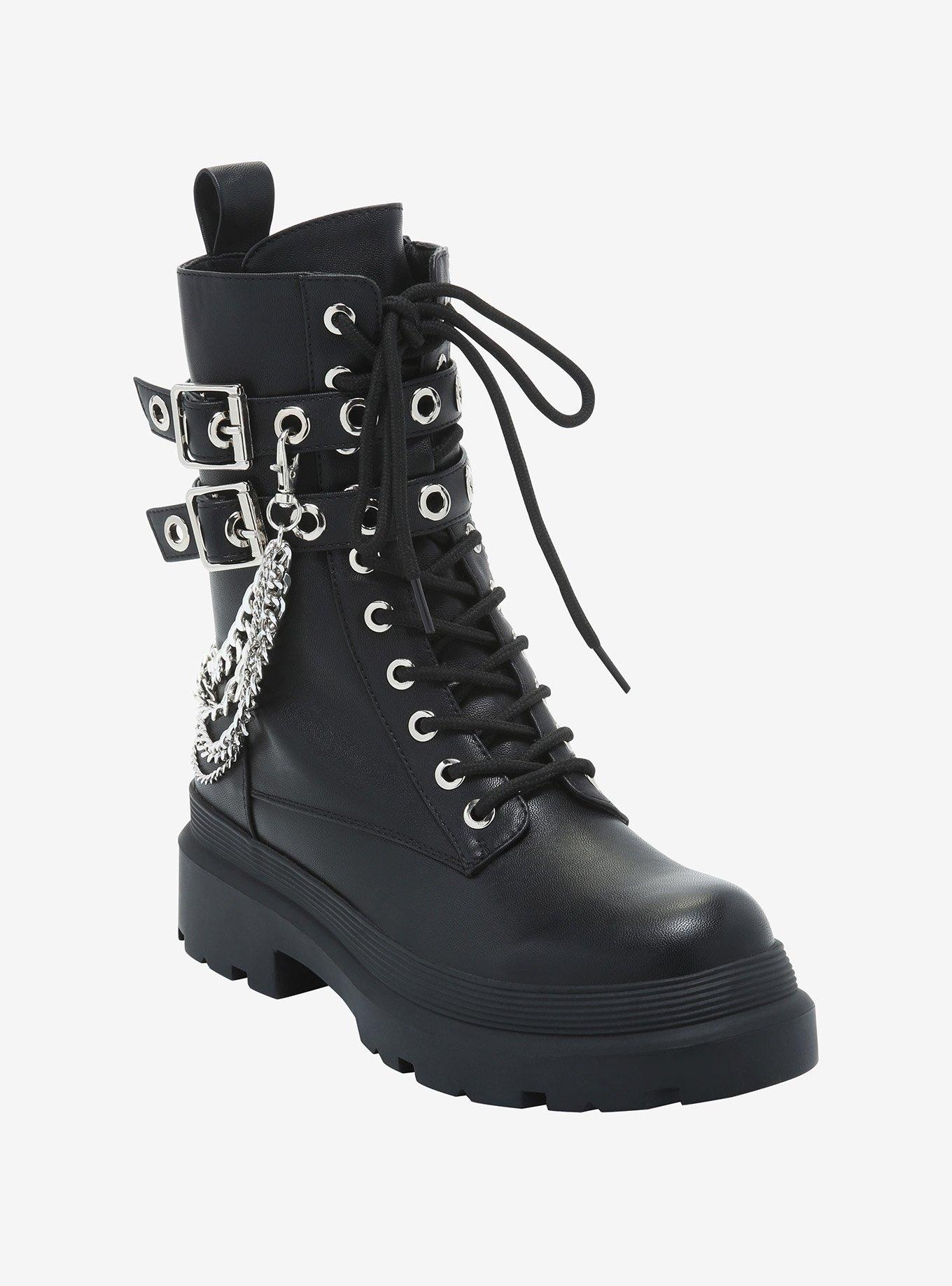 Double Buckle Chain Combat Boots Hot Topic