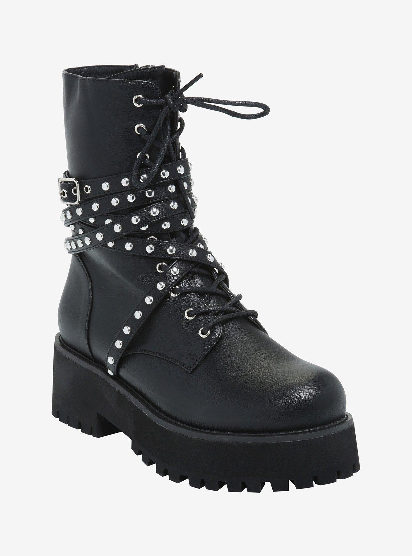 Studded & Wrapped Buckle Platform Combat Boots, MULTI, hi-res