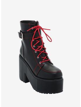 Black & Red Lace-Up Platform Boots, , hi-res