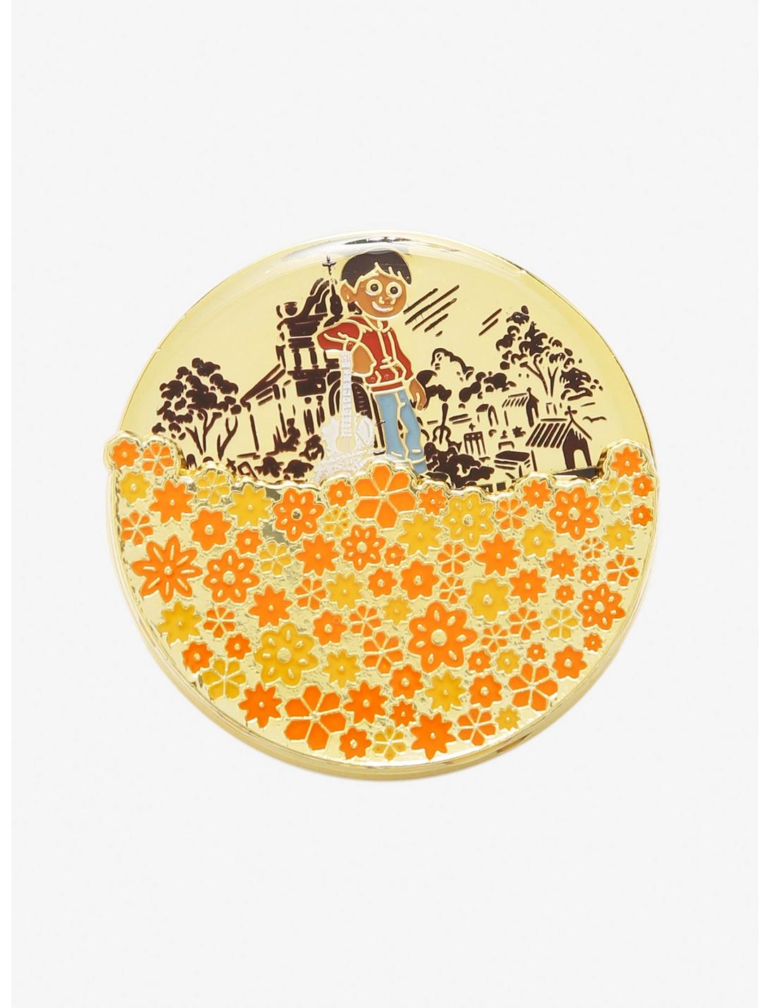 Loungefly Disney Pixar Coco Miguel and Spinning Marigold Flowers Enamel Pin - BoxLunch Exclusive, , hi-res