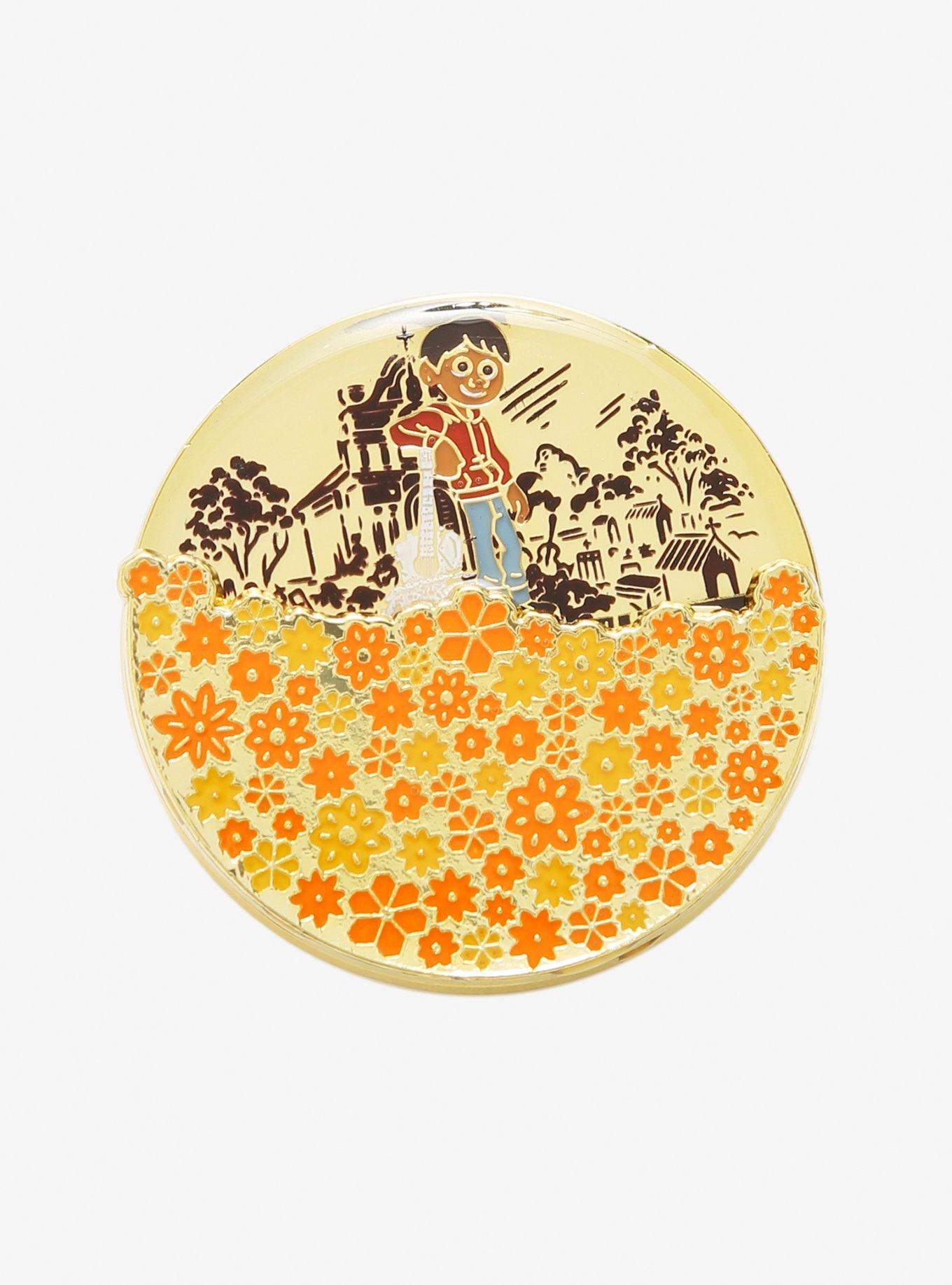 Loungefly Disney Pixar Coco Miguel and Spinning Marigold Flowers Enamel Pin  - BoxLunch Exclusive