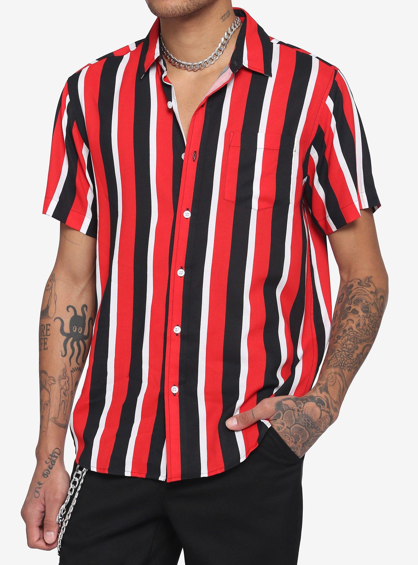 Red White & Black Vertical Stripe Woven Button-Up | Hot Topic