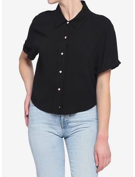 Black Boxy Heart Buttons Girls Crop Button-Up, , hi-res