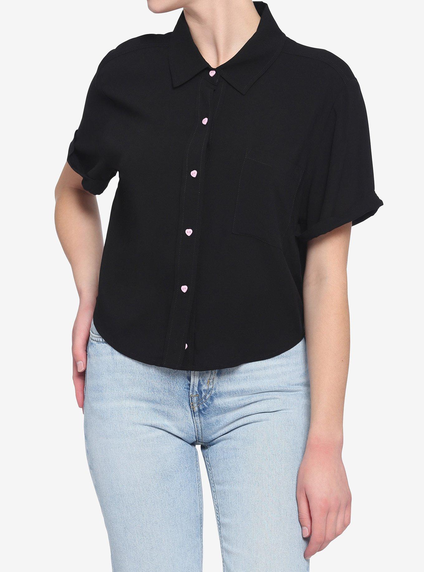 Black Boxy Heart Buttons Girls Crop Button-Up, BLACK, hi-res