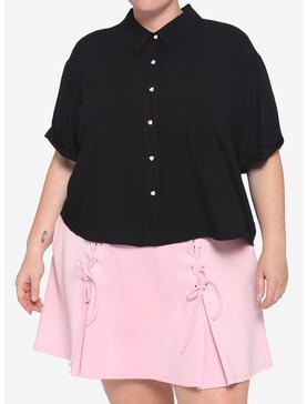 Black Boxy Heart Buttons Girls Crop Woven Button-Up Plus Size, , hi-res