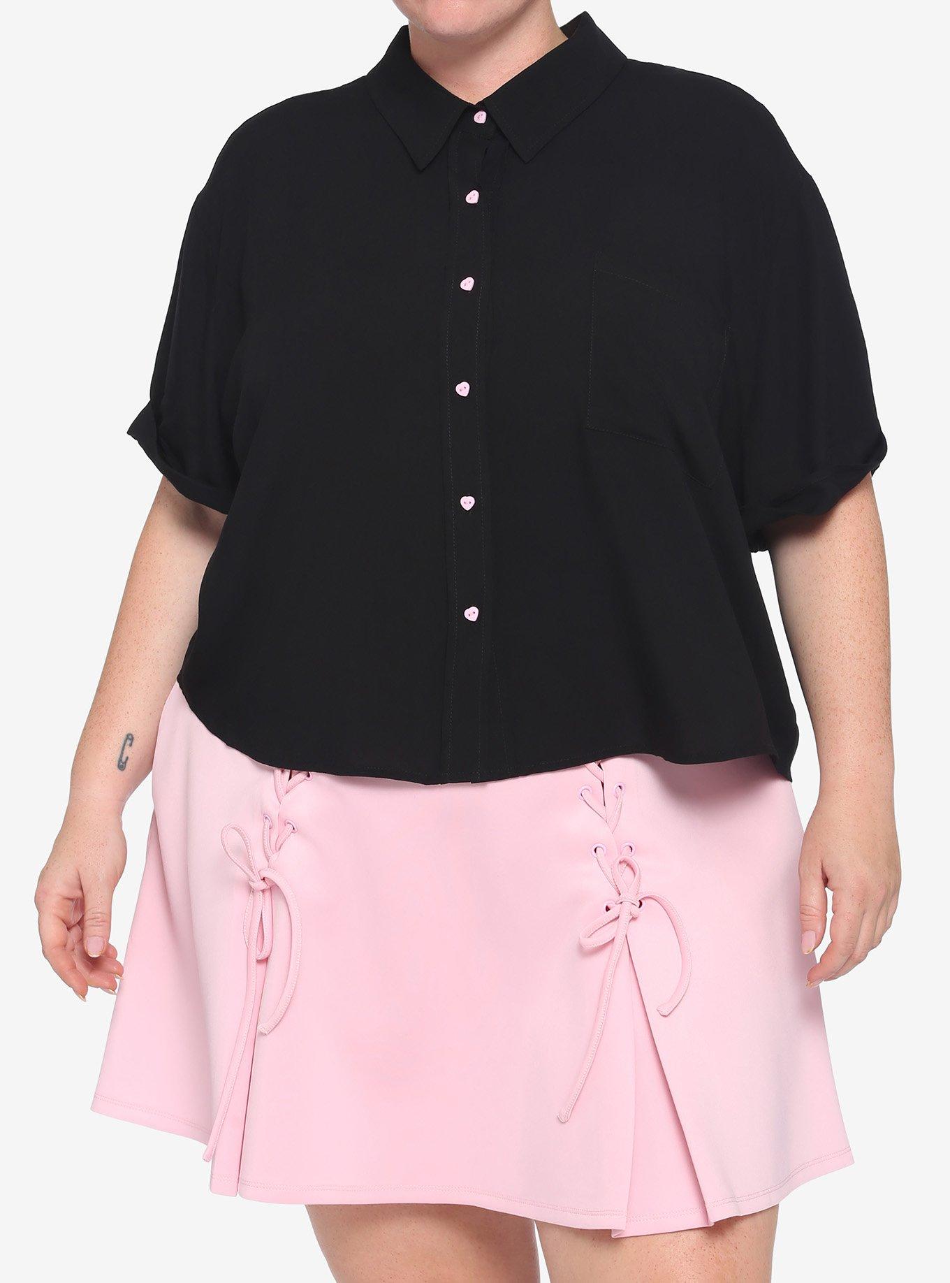 Black Boxy Heart Buttons Girls Crop Woven Button-Up Plus Size, , hi-res