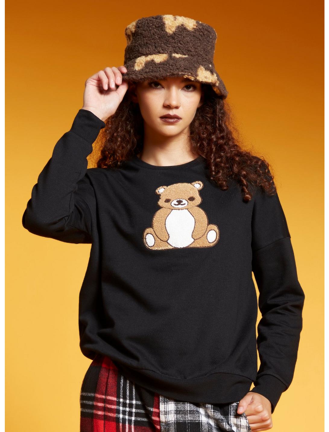 Teddy Bear Patch Girls Sweatshirt, BLACK, hi-res
