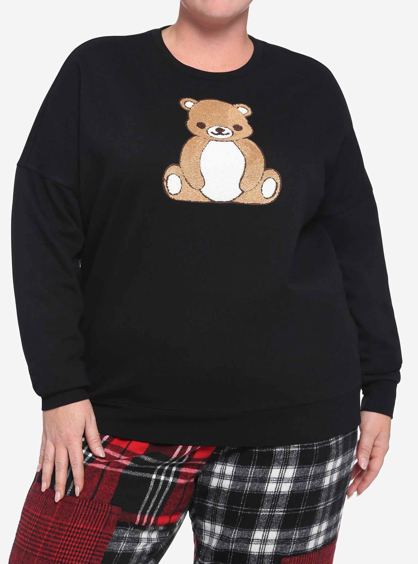 Teddy Bear Patch Girls Sweatshirt Plus Size, BLACK, hi-res