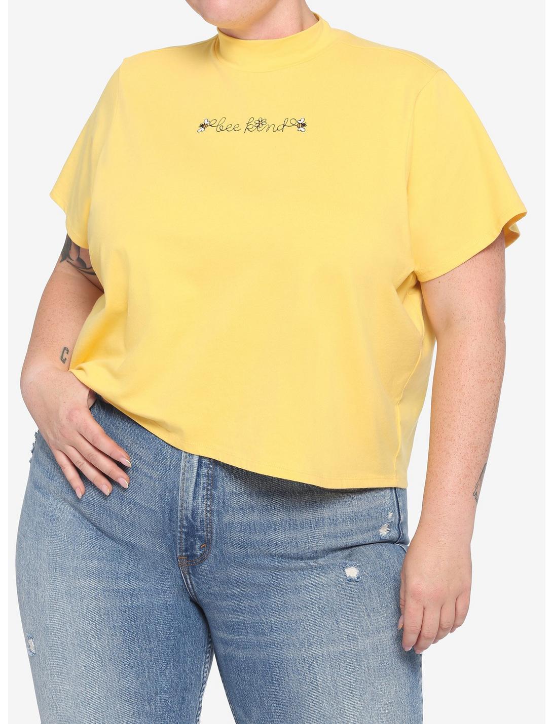 Yellow Bee Kind Mock Neck Crop T-Shirt Plus Size, MIMOSA, hi-res
